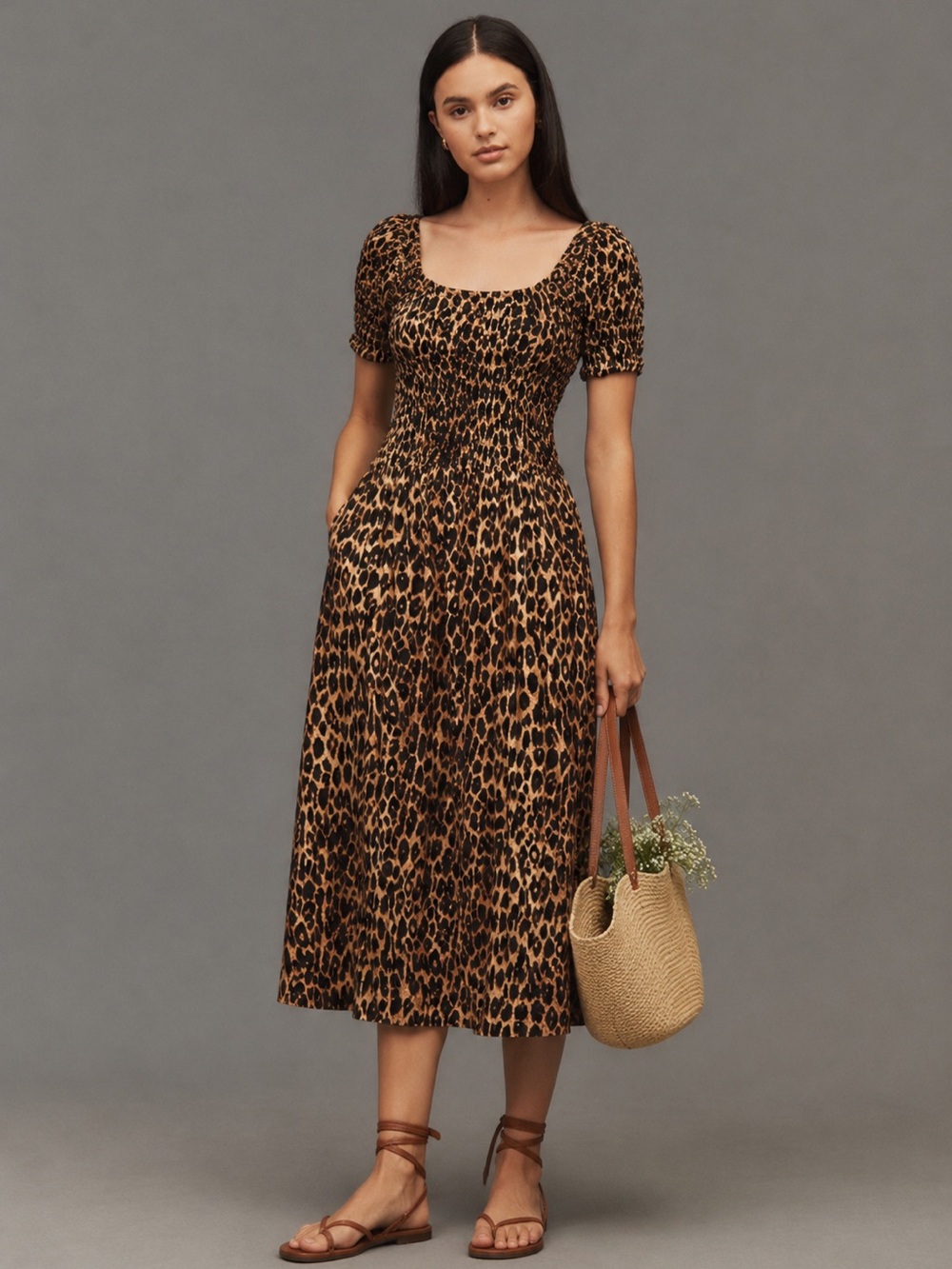 Damson Madder Malinda Smocked Animal Cheetah Midi Dress NWT Size EU 6/ US 2